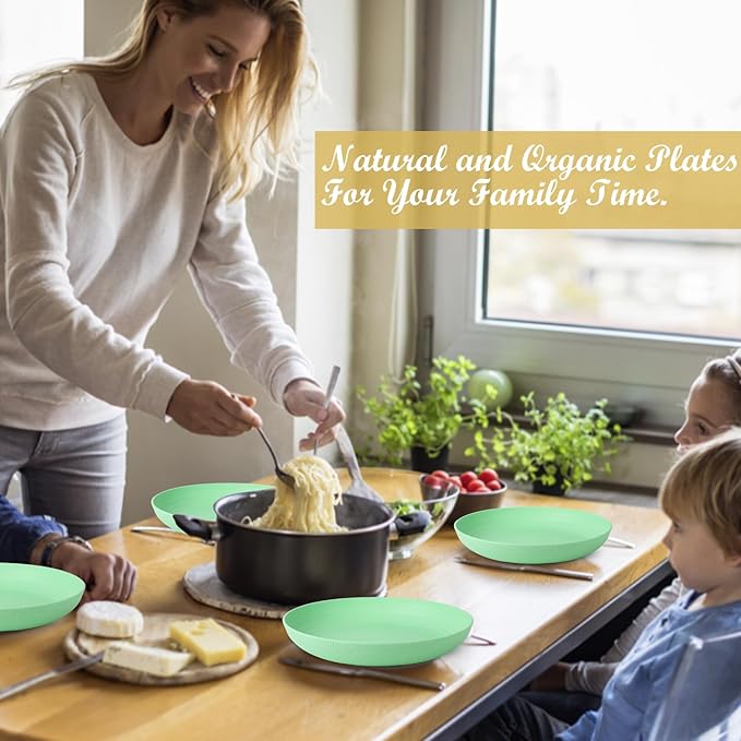 Wrova Wheat Straw Plates - 9 Inch Unbreakable Dinner Plates Set of 8 - Dishwasher & Microwave Safe Plastic Plates Reusable for Kitchen and Camping (Light Green)