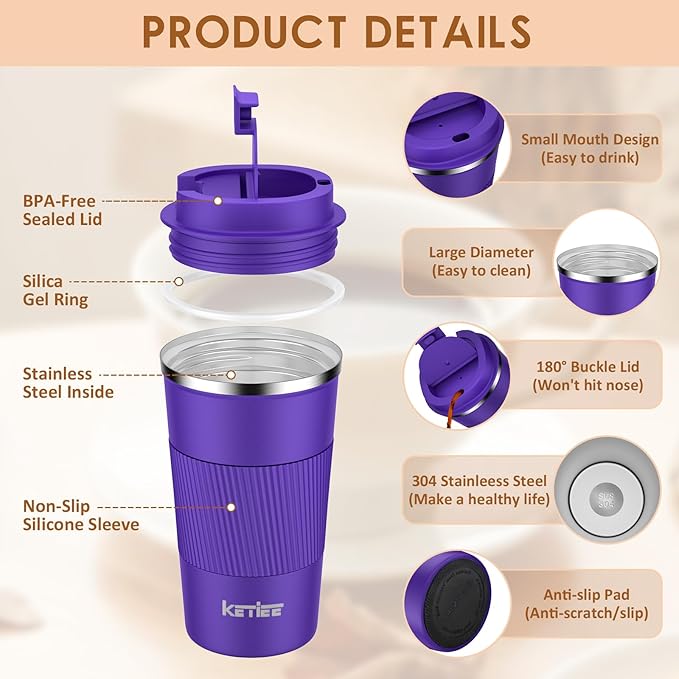 KETIEE 12oz Coffee Mug: Vacuum Insulated Coffee Cup with Leakproof Lid, Travel Coffee Mug Stainless Steel Double Walled Reusable Coffee Cup for Hot and Cold Water Coffee (Purple)