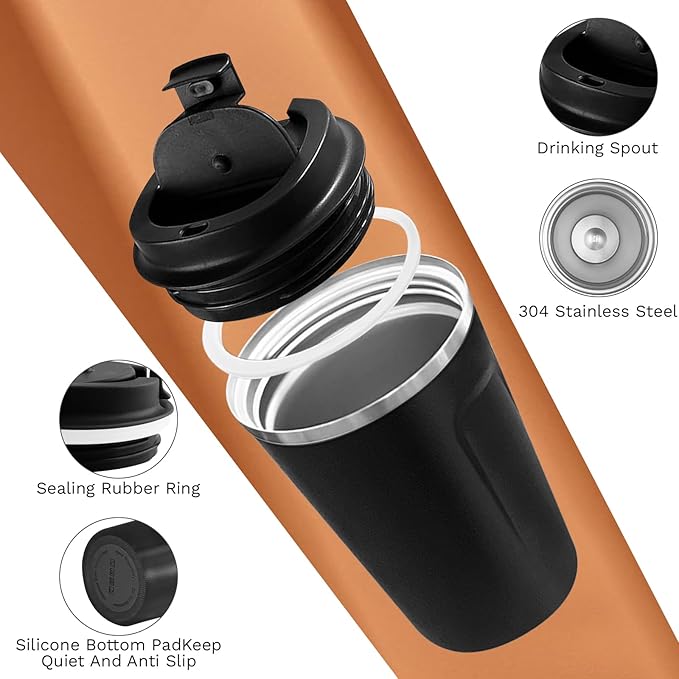 Travel coffee mugs leak-proof, reusable coffee cups with lids, stainless steel vacuum thermos coffee tumblers,thermal insulation cups for men and women hot & cold drinks(2nd-Black, 17OZ)