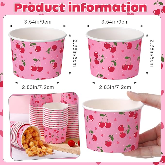 50 Pack Cherry Treat Snack Cups Red Cherry Heart Ice Cream Paper Cups 9 oz Fruit Disposable Dessert Bowls for Hot or Cold Food Summer Sweet First Birthday Baby Shower Party Supplies