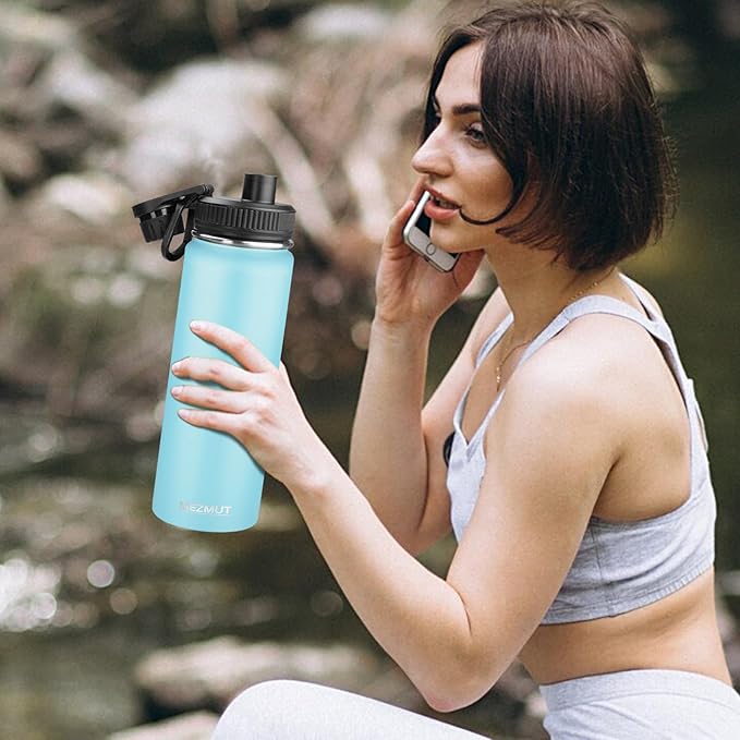 24oz Insulated Water Bottle with Straw&2 Lids, Stainless Steel Water Bottles, Sports Metal Water Bottle Cup, Double Walled Vacuum Insulated Bottles Leak-Proof Travel, Blue