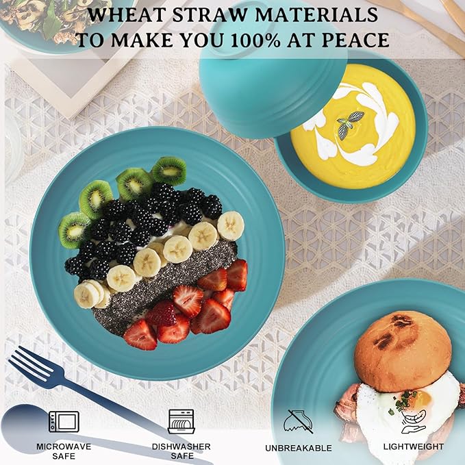 Wheat Straw Plates and Bowls Sets 28 PCS,Chip Resistant Dinnerware Sets for 4,Microwave Safe Dish Sets, Stackable and Lightweight Cup Set, Cutlery Set for Kitchen,Outdoor,Camping(Green)