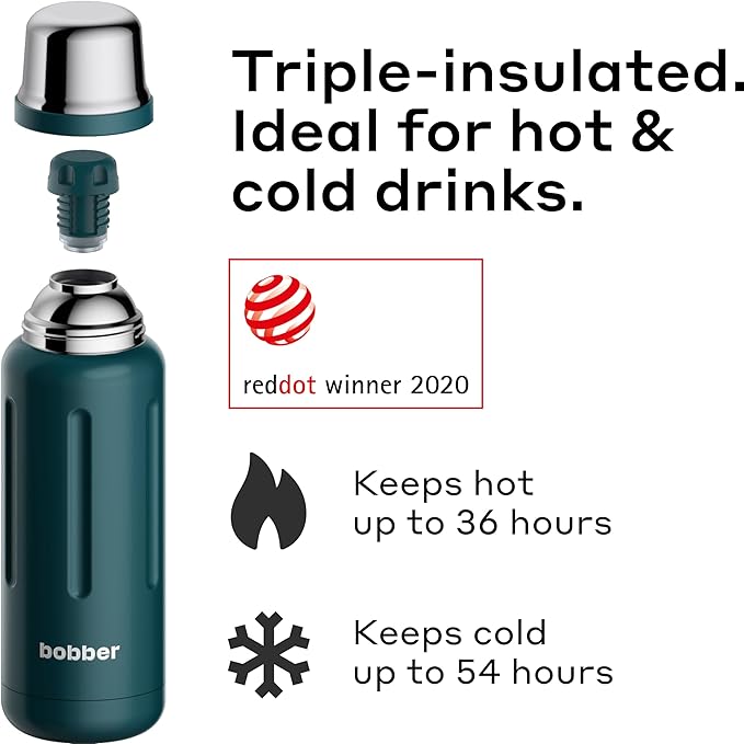BOBBER 26 oz Stainless Steel Thermos for Hot Tea, Coffee, and Cold Drinks – BPA-Free, Dishwasher Safe Vacuum Insulated Water Bottle – Keeps Drinks Hot for 36 Hours (Deep Teal)