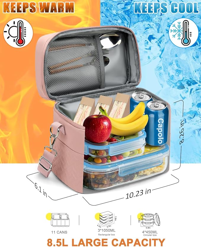 Capolo Lunch Box for Women Men Adults,Insulated Lunch Bag Leakproof Lunch Cooler Box with Removable Strap Cute Lunch Tote Bags Reusable Thermal Lunchbox for School Work Picnic(Small,Pink)