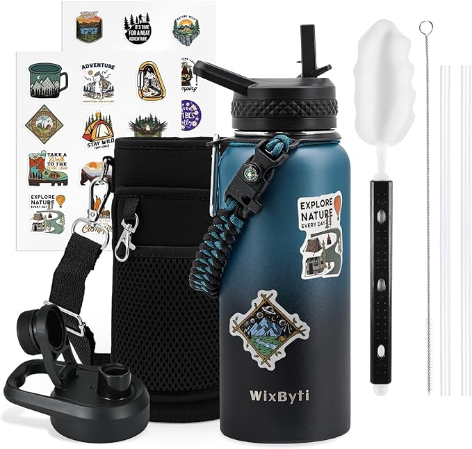 32 oz Insulated Water Bottle with Straw (Cold for 48 Hrs), Stainless Steel Triple Wall Vacuum Sports Water Jug, Leakproof Hydro Cup Flask with Paracord Handle & Straw Spout Lids & DIY Stickers