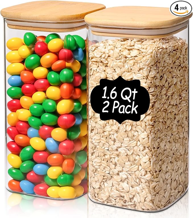 Airtight Glass Storage Canister with Lids, Kitchen Pantry Storage Jar with Labels, Food Storage Container for Sugar Tea Coffee Beans Snacks (2 pack 1.6qt)
