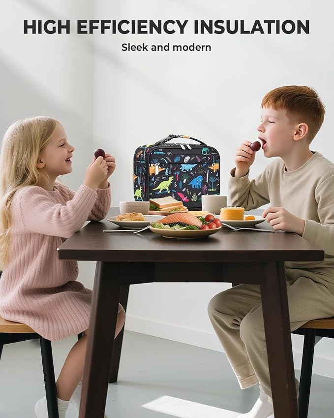 Tuwubi Kids Lunch Bag Insulated Lunch Box for Kids Small Lunch Bag for Boys/Girls Durable Lunchbox for School,Black Dinosaur 10-Can(5L)