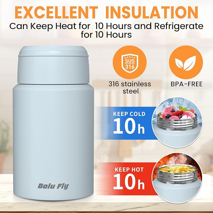 2 Pack Soup Thermo for Hot Food for Adults, Insulated Food Jar, Stainless Steel Vacuum Thermal Lunch Box Containers with Carry Bag and Spoon (18.5oz, 27oz) (Blue)