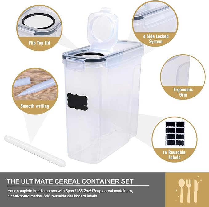 Cereal Containers Storage Set - 3 Piece Airtight Large Dry Cereal Container (135.2oz), BPA Free Dispenser Plastic Cereal Storage Containers with 16 Labels & Pen