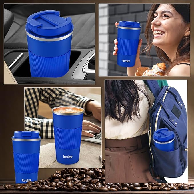 KETIEE Travel Coffee Mug 12oz: Insulated Travel Mug with Leakproof Lid, Reusable Coffee Cups with Seal Lid, Vacuum Stainless Steel Tumbler to Go for Hot/Ice Drinks (Blue)
