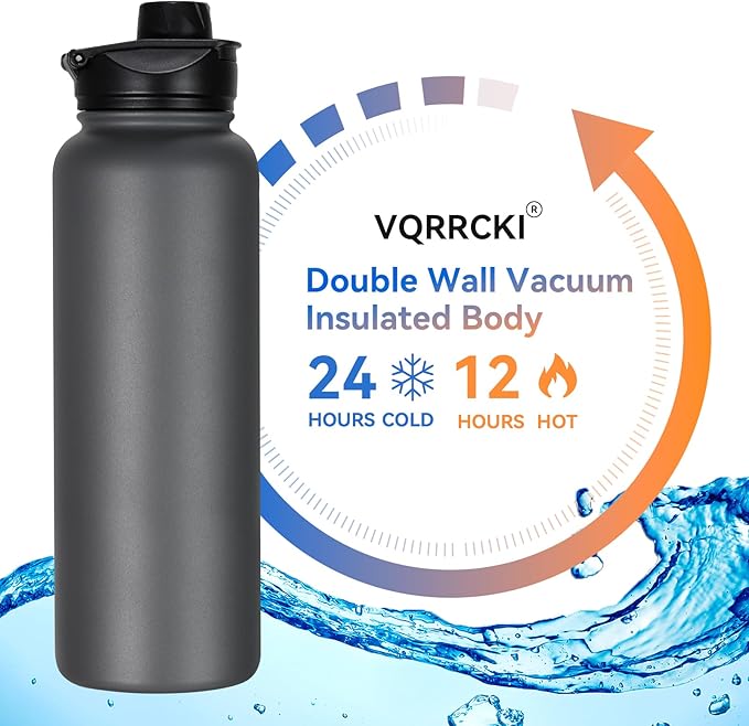 40 oz Insulated Water Bottle with Straw, Stainless Steel Sports Water Bottles with 2 Lids (Straw and Wide Mouth lid), Double Wall Vacuum, Leakproof, BPA-Free, Gray