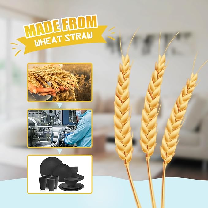 Teivio 32-Piece Kitchen Plastic Wheat Straw Dinnerware Set, Service for 8, Dinner Plates, Dessert Plate, Cereal Bowls, Cups, Unbreakable Colorful Plastic Outdoor Camping Dishes, Black Matte