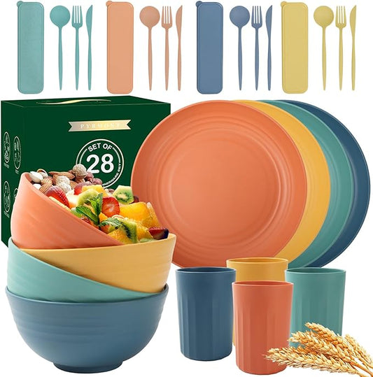 28 Piece Wheat Straw Dinnerware Sets,Dishwasher & Microwave Safe Plates and Bowls Sets - Unbreakable Plastic Dinnerware Sets for 4 Dinner Plates, Cups, Cereal Bowls - Colorful Series