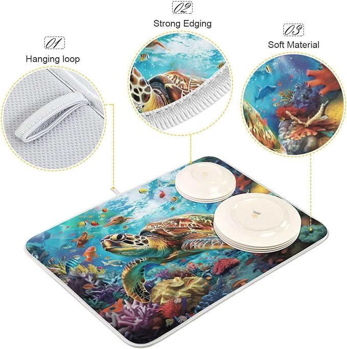 Sea Turtle Coral Fish Dish Drying Mat for Kitchen Counter Super Absorbent Dishes Pad Reversible Microfiber Protector Dish Draining Mats 18x24 inch