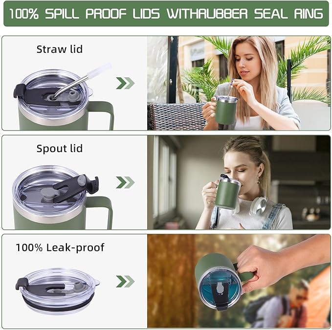 Volhoply 12oz Insulated Leakproof Coffee Mug with Flip & Straw Lid,Double Wall Vacuum Stainless Steel Travel Tumbler Cup with Handle,Reusable Camping Mugs Keep Cold/Hot(Army Green,1 Set)