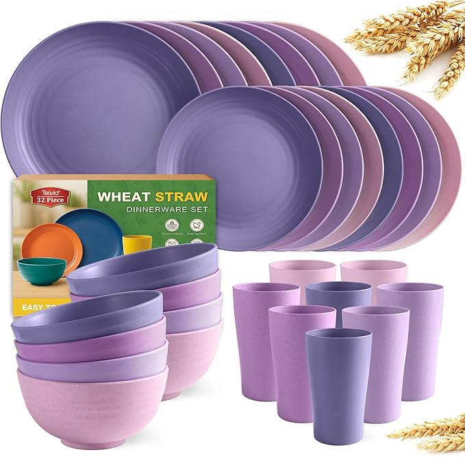 Teivio 32-Piece Kitchen Plastic Wheat Straw Dinnerware Set, Service for 8, Dinner Plates, Dessert Plate, Cereal Bowls, Cups, Unbreakable Colorful Plastic Outdoor Camping Dishes, Purple Ombre