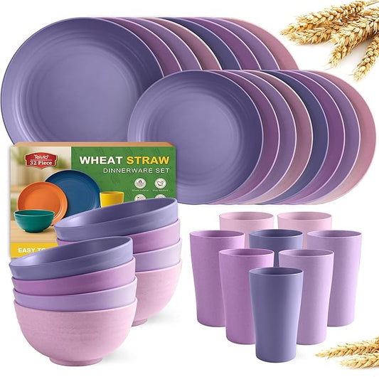 Teivio 32-Piece Kitchen Plastic Wheat Straw Dinnerware Set, Service for 8, Dinner Plates, Dessert Plate, Cereal Bowls, Cups, Unbreakable Colorful Plastic Outdoor Camping Dishes, Purple Ombre