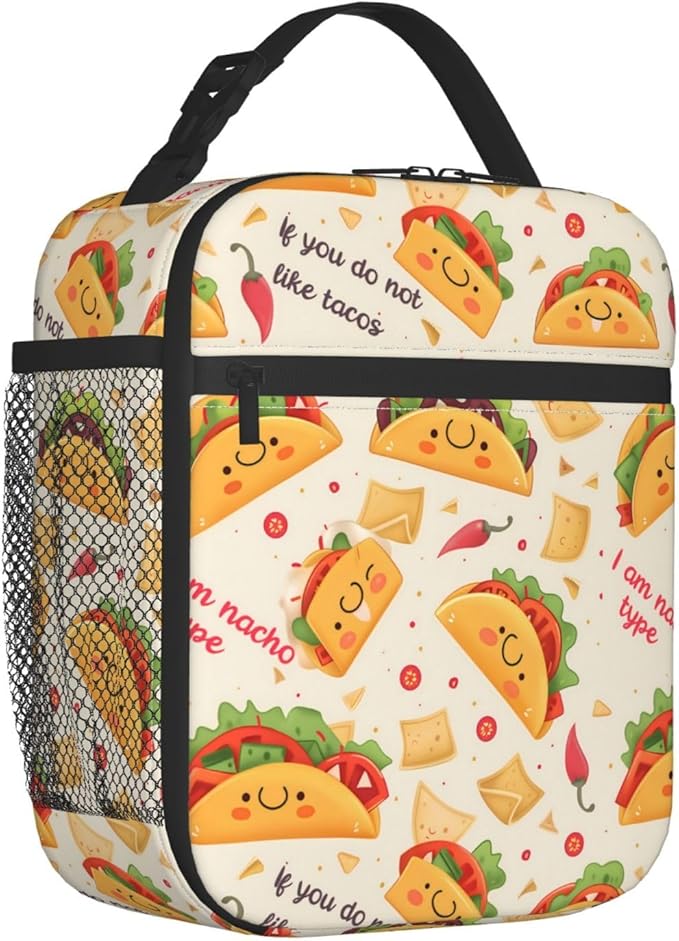 Reusable Taco Lunch Box for Kids Girls Boys Women Adult, Insulated Mexican Food Lunch Bag,Polyester Cooler Handbags Case for School Picnic Work Travel Beach or Hiking