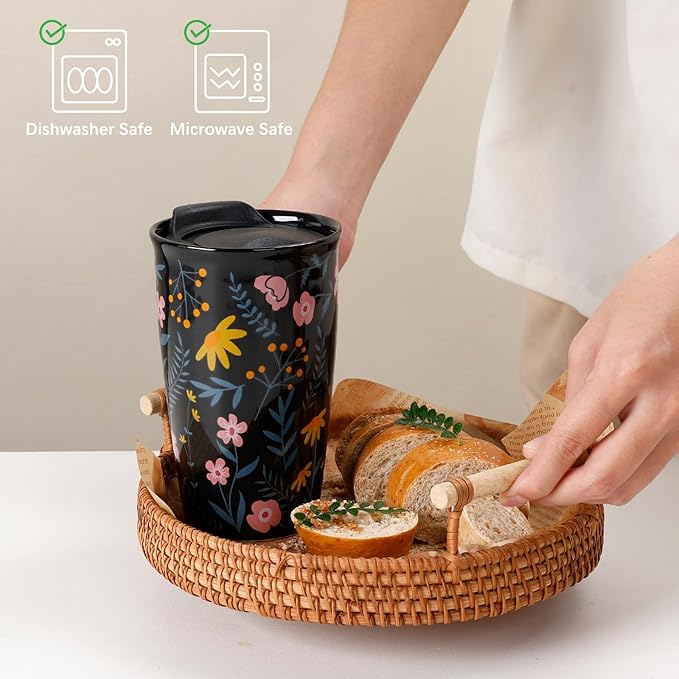 ANTIS'S HOME Ceramic Travel Mug with Lid, Flower Pattern Black Double Wall Coffee Mug Tumbler, Reusable Tall Cup, Splash Resistant Lid, Dishwasher Microwaveable Safe