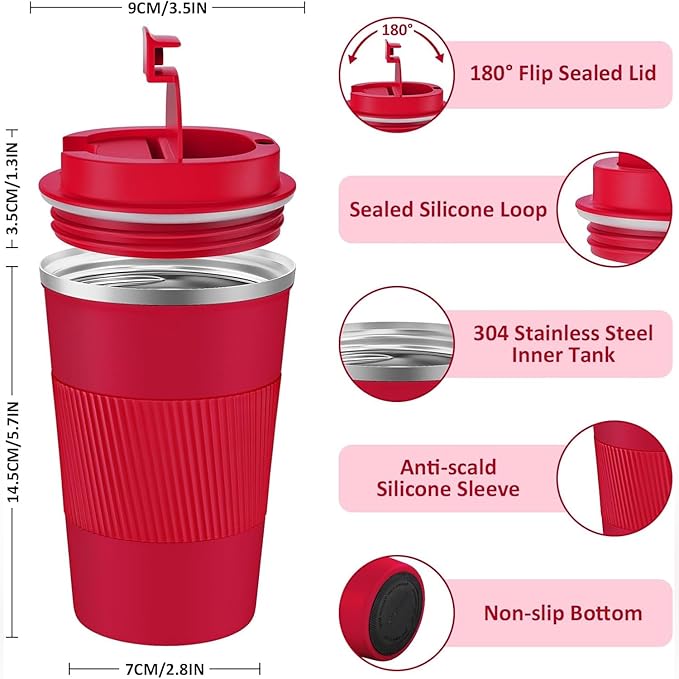 KETIEE Travel Coffee Mug Spill Proof 12oz, Insulated Travel Mug to Go, Reusable Coffee Cup with Seal Lid, Vacuum Stainless Steel Tumbler for Hot/Cold Drinks (Red)