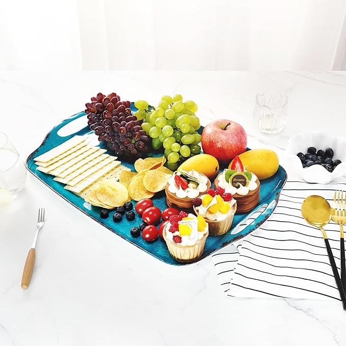 TP Serving Trays with Handles, 17 Inch Large Rectangular Melamine Serving Platter Set of 2, Retro Teal