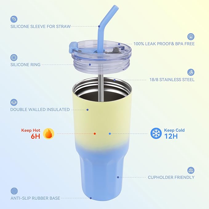 VEGOND 30 oz Insulated Stainless Steel Tumblers with lid and straw Bulk Pack Coffee Mug with Non-Slip Silicone Base, Sweat Proof Powder Coated Cup for Hot Cold Drinks, Blue and Green 4Pack