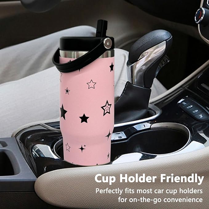 30 oz Tumbler with Handle and Straw, Vacuum Insulated Tumblers with Flip Straw and Top Handle, Leakproof Tumbler, Stainless Steel Travel Mug for Coffee Water, Cold for 20 Hours(Pink Star)