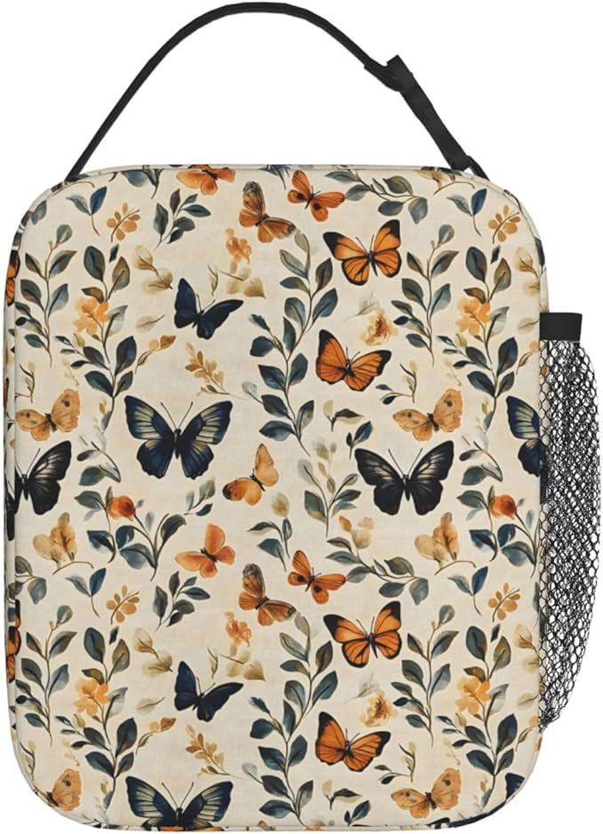Butterfly Floral Lunch Box for Teen Kids, Vintage Reusable Thermal Lunchbag, Picnic, School, Hiking, Fishing, Animal Insulated Tote Cooler Bags for Adults Women Decor Gifts, Spring Theme