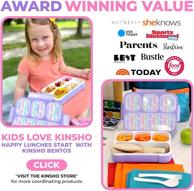 Bento Lunch Box with Insulated Bag, Ice Pack and Bento Accessories for Girls. Snack Containers with 4 Compartment Dividers for Toddlers Pre-School Daycare BPA Free Set, Utensils, Rainbow Unicorn