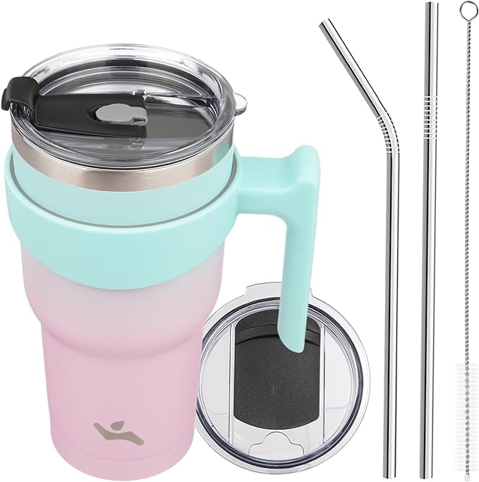30 oz Tumbler with Handle and 2 Straw 2 Lid, Insulated Water Bottle Stainless Steel Vacuum Cup Reusable Travel Mug,Gum