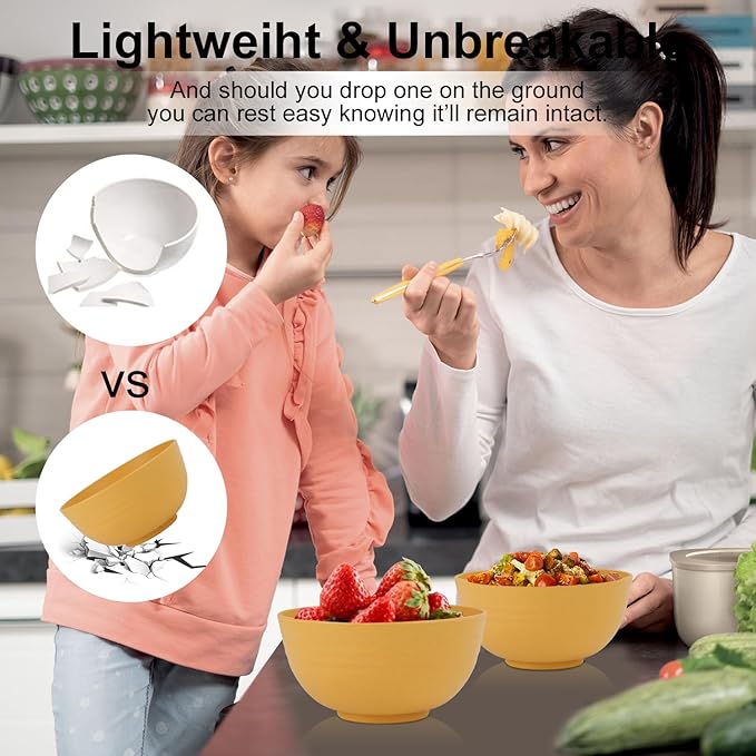 28-Piece Wheat Straw Dinnerware Sets, Microwave & Dishwasher Safe Unbreakable Dinnerware Set, Reusable Dishware Sets, Lightweight Camping Dishes, Plates, Cups, Cereal Bowls for 4(Yellow Orange)