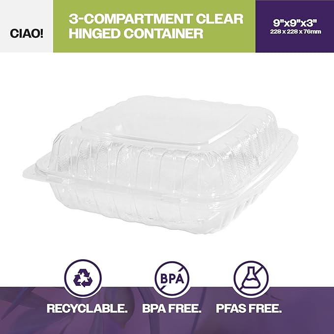 CIAO! 9"x9"x3" 3 Compartment PP Plastic Clear Hinged Container for Take Out (Case of 150)