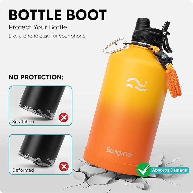 [2-IN-1 LID] Gallon Insulated Water Bottle with Silicone Boot (48hrs Cold/24hrs Hot) - DIY Stickers, Leakproof, BPA Free, 128 oz