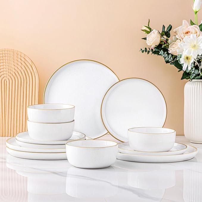 AmorArc Dinnerware Set, 12 Pieces Ceramic Plates and Bowls Set, Stoneware Plates Sets Handpainted, Dishwasher & Microwave Safe Dishes (Speckled White, Service for 4)