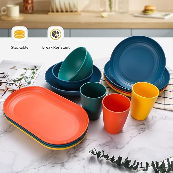 Lazycorner 48-Pcs Kitchen Wheat Straw Dinnerware Set, Service for 8, Plastic Reuasble Dinner Dishes Serving Plate Set for Kitchen, Including Dinner Plate, Dessert Plate, Bowl, Cup(Multicolor)