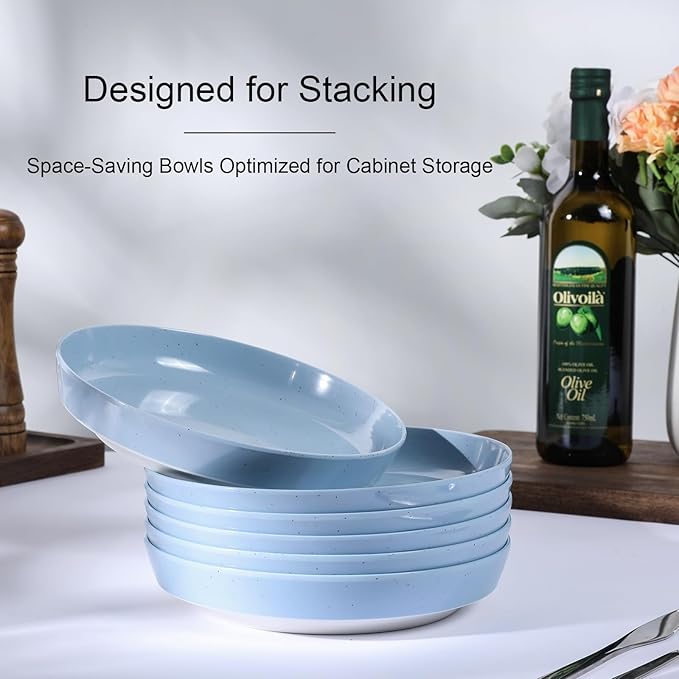 Webbylee 8.25" Melamine Pasta Bowls Set of 6-28oz Melamine Large Salad Bows，Serving Bowls for Cereal, Fruit, Soup，Deep Enough for Kitchen and Dining Blue/Beige