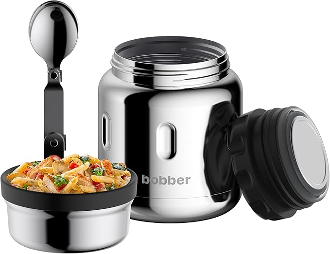 BOBBER 16 oz Insulated Stainless Steel Food Jar with Extra-Wide Mouth, Built-in Folding Spoon – Leak-Proof Thermos for Hot Food – Keeps Lunch Hot for 10 Hours, Cold for 15 Hours (Glossy)