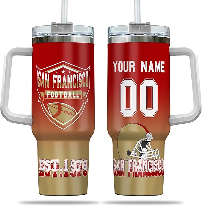 Custom 40oz Football Stainless Steel Tumbler with Handle & Straw, Personalized Insulated Travel Mug, Name & Number Cup, Tailgating Sports Gift (San Francisco Colors)