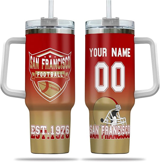 Custom 40oz Football Stainless Steel Tumbler with Handle & Straw, Personalized Insulated Travel Mug, Name & Number Cup, Tailgating Sports Gift (San Francisco Colors)