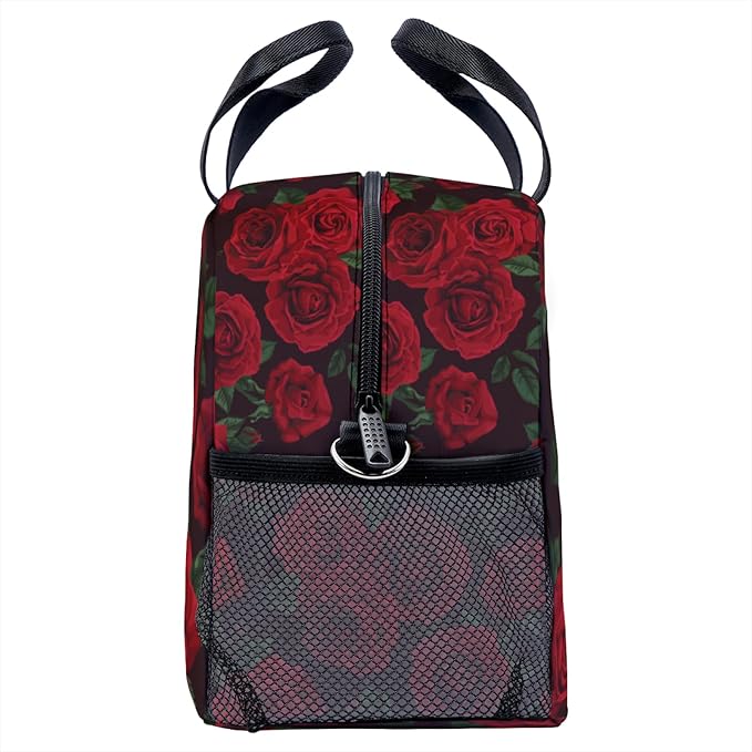 Red Rose Black Background Lunch Bag for Women Men Cute Large Capacity Thermal Lunch Tote Reusable Washable with Adjustable Shoulder Strap and Dual Large Mesh Side Pockets