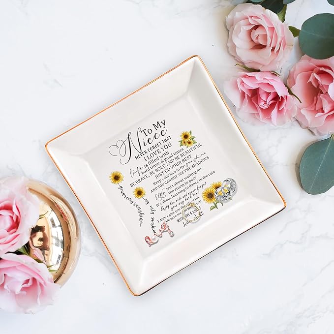 SUNBMO Ceramic Jewelry Dish - Birthday & Christmas Gifts for Niece from Auntie