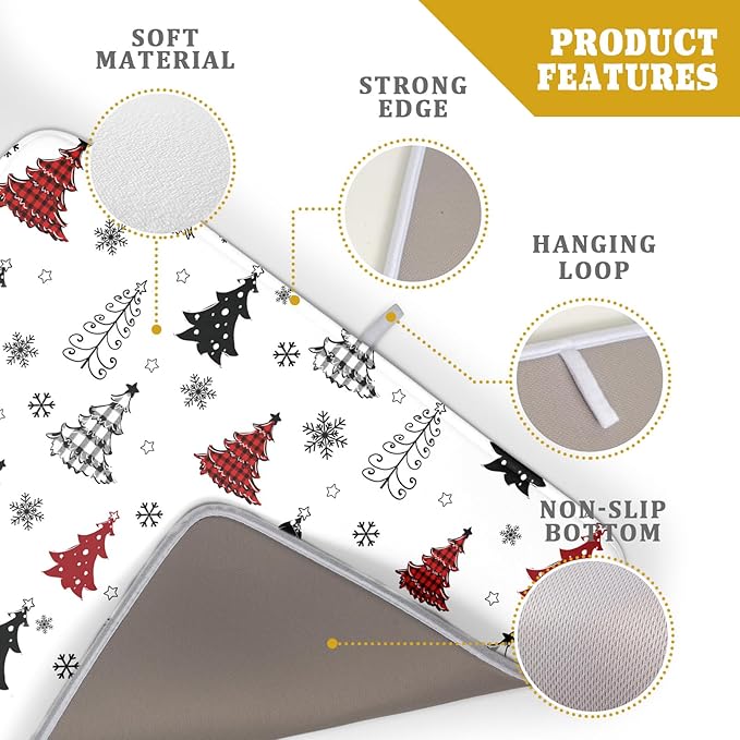Xmas Dish Drying Mat for Kitchen Counter Black White Trees Festival Microfiber Absorbent Dish Draining Reusable Washable Foldable Extra Large 18"x24"