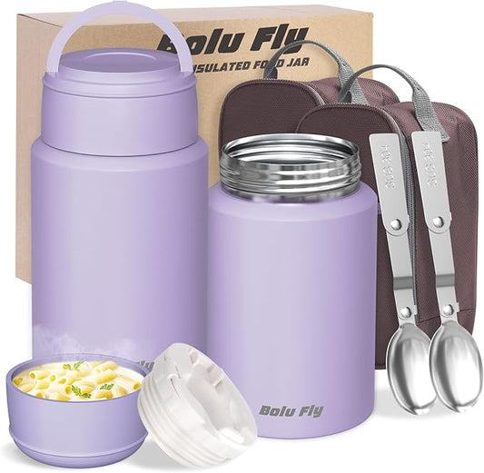 2 Pack Soup Thermo for Hot Food for Adults, Insulated Food Jar, Stainless Steel Vacuum Thermal Lunch Box Containers with Carry Bag and Spoon (18.5oz, 27oz) (Purple)