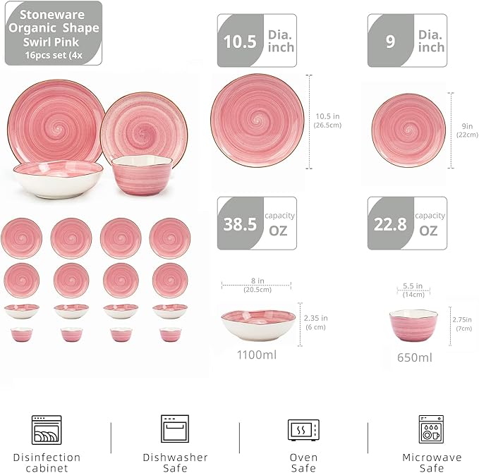 Highland 16-Piece Dinnerware Set Service for 4, Organic Shape Stoneware Plates and Bowls Set, Scratch Resistant, Microwave and Dishwasher Safe, Speckled Effect Handcrafted, Swirl Pink