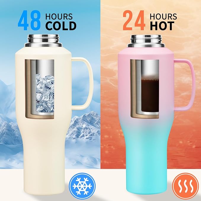 Water Bottle 40oz with Handle Insulated,LeakProof Stainless Steel Tumbler with Lid and Straw, Thermal Cups w/Carrier Pouch with Strap & Protective Boot, Thermo Coffee Flask Fit in Cup Holder