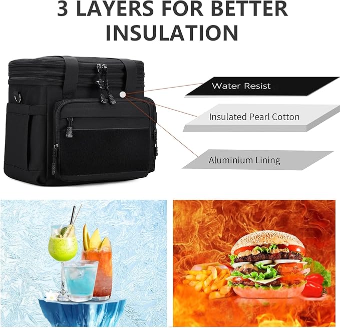 Tactical Lunch Box for Men, Insulated Lunch Bag Adult, Thermal Lunchbox Leakproof Waterproof Cooler Bag, Large Lunch Pail for Work Office Camping Travel (Black-Molle)