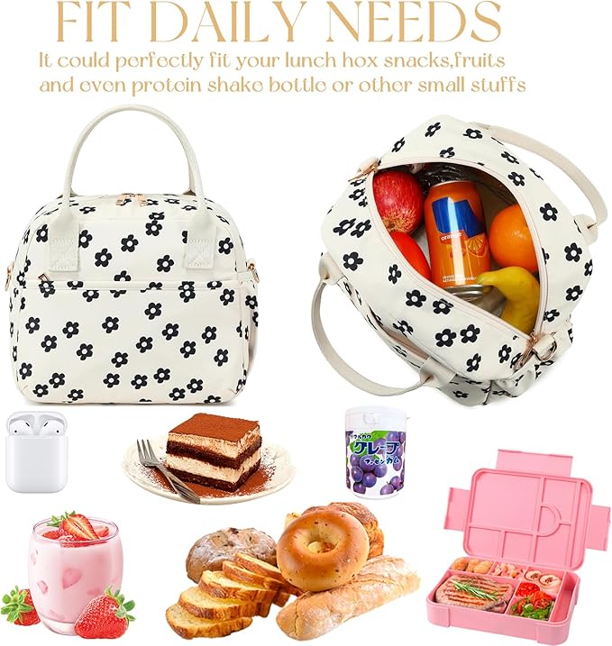 CAMTOP Lunch Box for Women Men Insulated Lunch Bag Lunch Tote Bag Leakproof Thermal Cooler Large Capacity for Travel Work School Picnic (Black Flower)