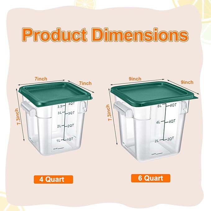 Suclain 8 Pack 4 QT and 6 QT Food Storage Containers with Lids Scales Handles Square Clear Restaurant Food Storage Containers Polycarbonate Commercial Grade for Kitchen Marinating Meat Dough(Green)