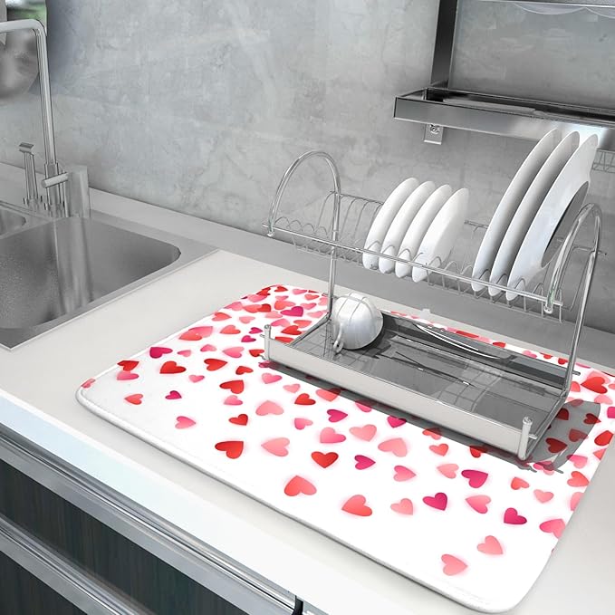 Valentine's Day Dish Drying Mat for Kitchen Counter Hearts Holiday Microfiber Absorbent Dish Draining Reusable Washable Foldable Extra Large 18"x24"