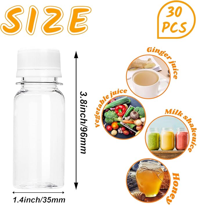 30 Pcs 2 Oz Small Plastic Bottles for Liquids,Ginger Shot with Caps,Empty Shot Bottles for Liquor,Juice,Weddings,Parties,DIY